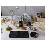 Heavy cut crystal - Large lot of glass Mason Jar Lids - mortar pestle - Vintage Make Up - Nieman Marcus Mirror - Dutch Collectible - Red Wing