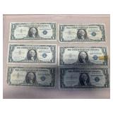 6 Washington One Dollar Silver Certificates