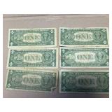 6 Washington One Dollar Silver Certificates