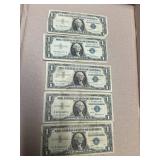 5 Washington One Dollar Silver Certificates