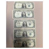 5 Washington One Dollar Silver Certificates