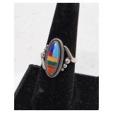 Vintage Native American Sterling Silver Ring with Inlaid Stones - Size 7.5