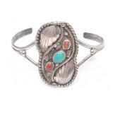 Vintage Navajo Native American Sterling Turquoise & Coral Cuff Bracelet - 6.5"