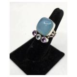 Cool Vintage Sterling Silver, Amethyst, Topaz & Chalcedony Ring- Size 6.75