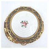 Vintage White Guilloche Enamel Brass Floral Makeup Compact