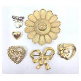 6 Gold Floral & Heart Brooches/Pins