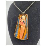 Vintage Antique Ceramic Portrait Pendant with Chain