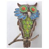 Vintage Chinese Silver Filigree Enameled Owl Brooch Pin