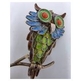 Vintage Chinese Silver Filigree Enameled Owl Brooch Pin
