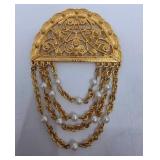 Vintage Monet Gold Half Circle Faux Pearl Chains Brooch Pin