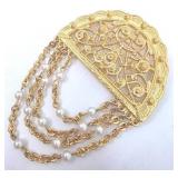 Vintage Monet Gold Half Circle Faux Pearl Chains Brooch Pin