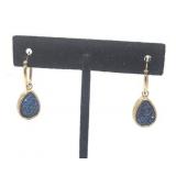 Very Pretty 14k Yellow Gold and Blue Druzy Earrings - 3.05g