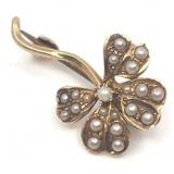 Antique Flower Design 10k Gold and Seed Pearl Brooch - Approx 1" x .625"