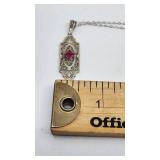 Gorgeous Vintage Filigree 14K White Gold and Ruby Necklace - 18"