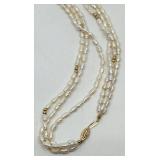 Beautiful Triple Strand 14K and Freshwater Pearl Necklace w/ 36 Gold Beads - 32" - 42.76g