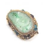 Gorgeous Antique 14k Over Sterling Jade and Enamel Brooch - 6.65g