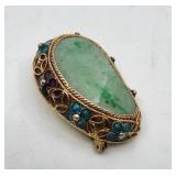 Gorgeous Antique 14k Over Sterling Jade and Enamel Brooch - 6.65g