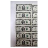 Lot of 19 Uncirculated 2013 $2 Bills - Sequential Serial Numbers from 582A thru 600A