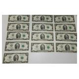 Lot of 13 Uncirculated 2013 $2 Bills - 9 Sequential Serial Numbers in One Group