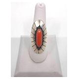Sterling Silver & Coral Native American Ring- Size 8