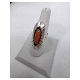 Sterling Silver & Coral Native American Ring- Size 8