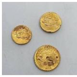 3 Piece Saint Gaudens $20 Gold Coin Miniatures - 1.13g