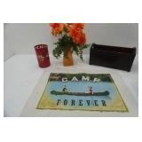 Decor Lot: Artificial Flowers, Wooden Planter, Vases And More