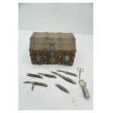 Vintage Wooden Pirate Treasure Chest Jewelry Box and contents