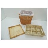 1 Wicker Wastebasket, 1 wooden tray, 1 woven organizer basket tray