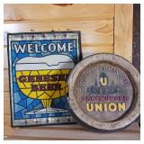 Genesee Beer, Faux Stained glass Welcome sign. Plastic Dortmunder Barrel end sign (damage)