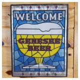 Genesee Beer, Faux Stained glass Welcome sign. Plastic Dortmunder Barrel end sign (damage)