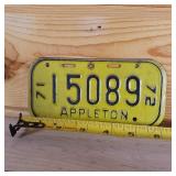 71/72 Appleton metal raised letter license plate