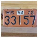 1972 Wisconsin License Plate raised letters  8 inches