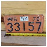 1972 Wisconsin License Plate raised letters  8 inches