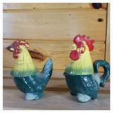 Rooster and Hen salt and pepper shaker heads with cream and sugar lower halves, ceramic  4 Piece set  Very Unique