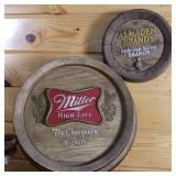 Two Barrel End Advertising Signs  Little Oak Almaden Brandy (9inch) and Miller High life (14inches)