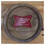 Two Barrel End Advertising Signs  Little Oak Almaden Brandy (9inch) and Miller High life (14inches)