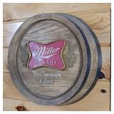 Two Barrel End Advertising Signs  Little Oak Almaden Brandy (9inch) and Miller High life (14inches)