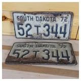 Set of 2 South Dakota 1972  See damage, raised letters, full size 12 inch plate