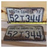 Set of 2 South Dakota 1972  See damage, raised letters, full size 12 inch plate