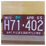 1965 Wisconsin embossed plate12 inches- America