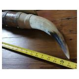 25 inch bull horn mounted on wood wall hanger
