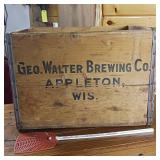 Geo Walter Brewery wooden crate with metal banding (for 32 oz bottles) with matching Adler Brau fly swatter