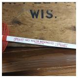 Geo Walter Brewery wooden crate with metal banding (for 32 oz bottles) with matching Adler Brau fly swatter