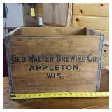 Geo Walter Brewery wooden crate with metal banding (for 32 oz bottles) with matching Adler Brau fly swatter