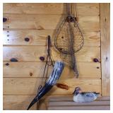 Lot of 3 items: Bull Horn Drinking Vessel  Vintage Fishing Net Number 12 (with ruler decal)  and little duck