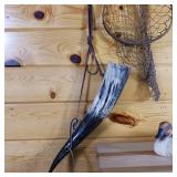 Lot of 3 items: Bull Horn Drinking Vessel  Vintage Fishing Net Number 12 (with ruler decal)  and little duck