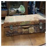Awesome Antique Leather Travel Trunk  Heavy latches and hardware  the real thing, not a copy!  Swedish Stickers from early travelers by train!  From Merchant Marine 1940