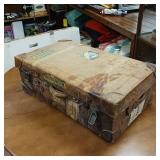 Awesome Antique Leather Travel Trunk  Heavy latches and hardware  the real thing, not a copy!  Swedish Stickers from early travelers by train!  From Merchant Marine 1940
