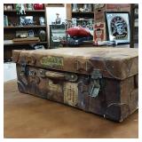 Awesome Antique Leather Travel Trunk  Heavy latches and hardware  the real thing, not a copy!  Swedish Stickers from early travelers by train!  From Merchant Marine 1940